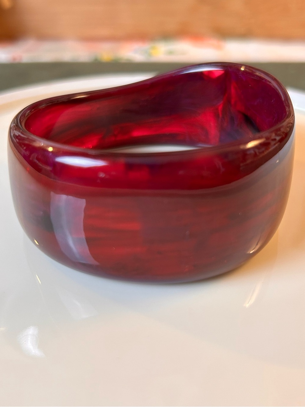 Vintage Chunky Red Lucite Bangle Bracelet, Translucent Asymmetric Jelly Cuff